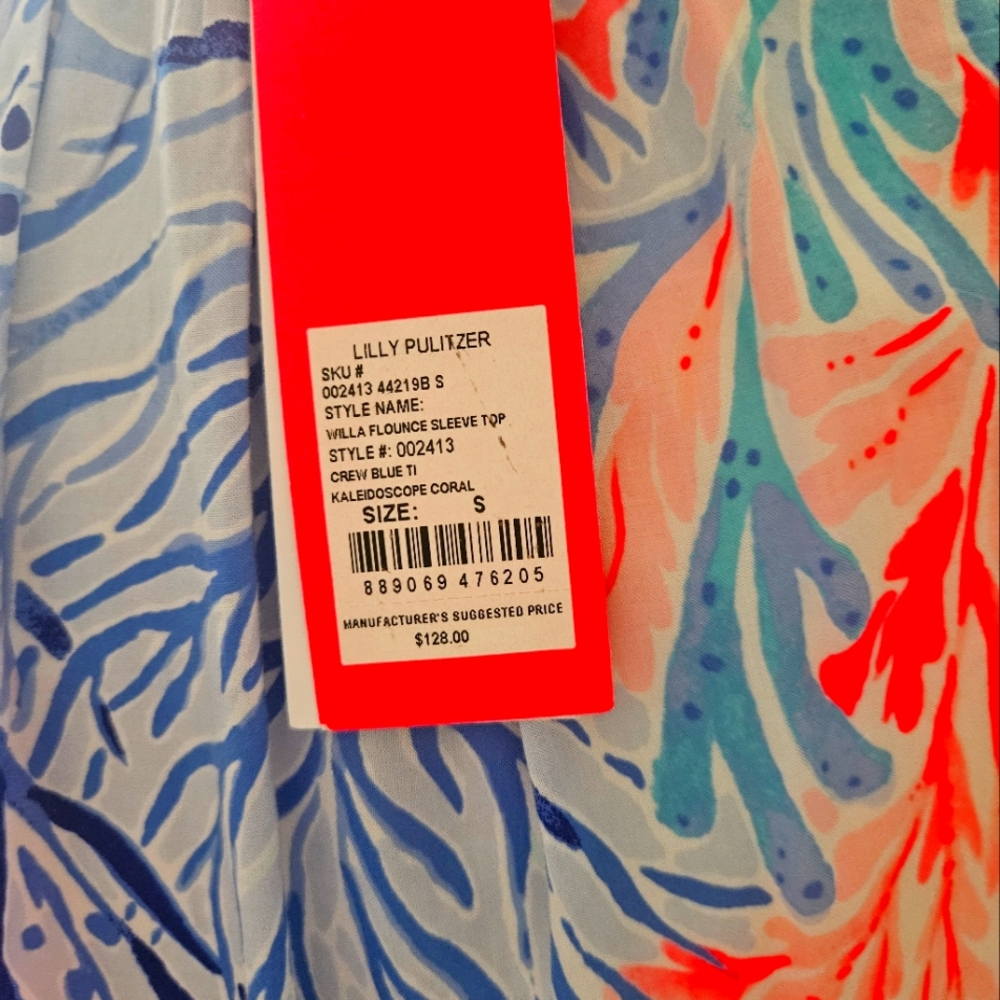 NWT Lilly Pulitzer Willa Flounce Kalediscope Blue and Pink Patterned Blouse - Picture 7 of 7